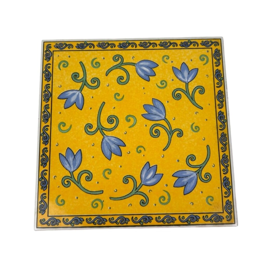 FURIO Home Made in Italy Yellow & Blue Floral Trivet Clay Tile Home Decor